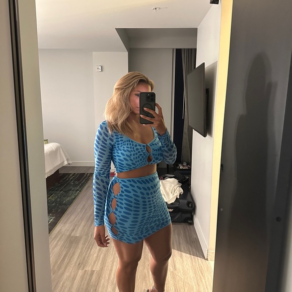 superdown Dresses & Skirts - superdown Blue Cutout Two-Piece Set with Dot Pattern